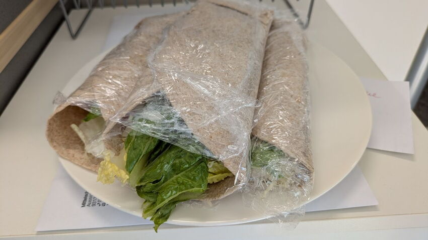 Auf einem Teller geschlichtete, selbst hergestellte Wraps