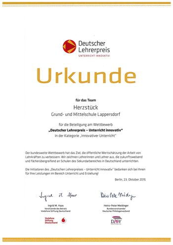 Urkunde Deutscher Lehrerpreis